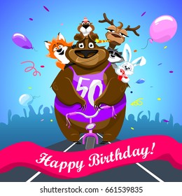 Animals on colorful background. bear on a bicycle with friends crosses the finish line. banner "Happy Birthday". Shirt with number 50. vector illustration.