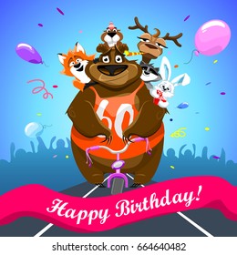 Animals on colorful background. bear on a bicycle with friends crosses the finish line. banner "Happy Birthday". Shirt with number 60. vector illustration.