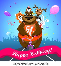 Animals on colorful background. bear on a bicycle with friends crosses the finish line. banner "Happy Birthday". Shirt with number 56. vector illustration.