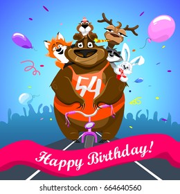 Animals on colorful background. bear on a bicycle with friends crosses the finish line. banner "Happy Birthday". Shirt with number 54. vector illustration.