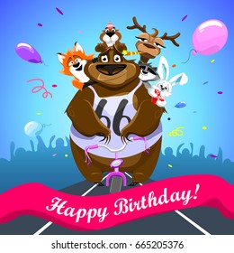 Animals on colorful background. bear on a bicycle with friends crosses the finish line. banner "Happy Birthday". Shirt with number 66. vector illustration.