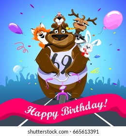 Animals on colorful background. bear on a bicycle with friends crosses the finish line. banner "Happy Birthday". Shirt with number 69. vector illustration.