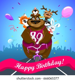 Animals on colorful background. bear on a bicycle with friends crosses the finish line. banner "Happy Birthday". Shirt with number 89. vector illustration.