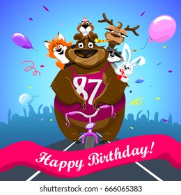 Animals on colorful background. bear on a bicycle with friends crosses the finish line. banner "Happy Birthday". Shirt with number 87. vector illustration.