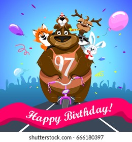 Animals on colorful background. bear on a bicycle with friends crosses the finish line. banner "Happy Birthday". Shirt with number 97. vector illustration.
