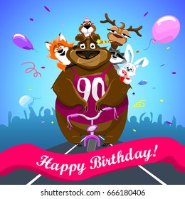 Animals on colorful background. bear on a bicycle with friends crosses the finish line. banner "Happy Birthday". Shirt with number 90. vector illustration.