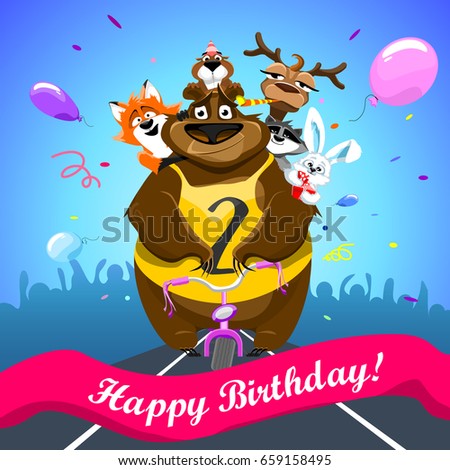 Animals on colorful background. bear on a bicycle with friends crosses the finish line. banner "Happy Birthday". Shirt with number 2. vector illustration.