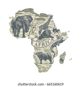 Animals on the continent map of Africa, lettering, illustration, vector