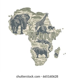 Animals on the continent map of Africa, illustration, vector