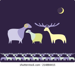 Animals on dark background, stylized arctic animals - sheep, lamb, fawn deer