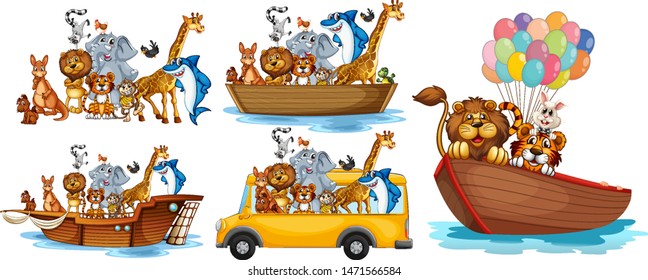 Animals on different types of transportation illustration