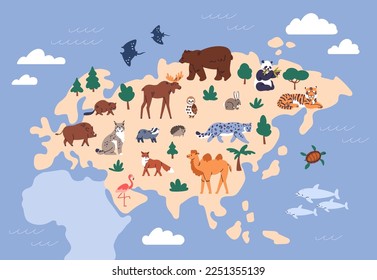 Tiere auf der Eurasia-Karte. Rutsche wilde eurasische Säugetiere, Fauna. Land- und Meereswild. Landschafts- und Meereszoologie Europas und Asiens. Kamel, Elch, Eber, Bär und Tiger. Kinderflache Vektorgrafik