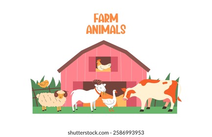 Animals on a farm with a barn. Farm banner