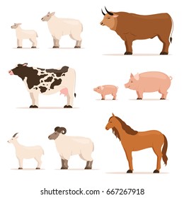 Animals on farm. Lamb, piglet, cow and sheep, goat. Vector illustrations set in cartoon style