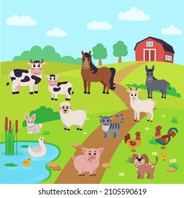 Animals on the farm. Rabbit, pig, dog, cat, sheep, horse, cow, calf, donkey, goat, duck, duckling, rooster, chicken, chicken. Pictures for children. Vector graphics on an isolated white background.
