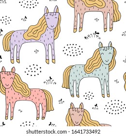 Animals on the farm. Seamless texture with funny horses and hand drawn elements on white background. Drawing with line-art. Texture for textiles, packaging, wallpaper, clothing. Vector illustration.