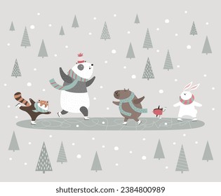 Animals on the forest skating rink. Panda, rabbit, capybara, red panda are skating. Children's wallpaper.