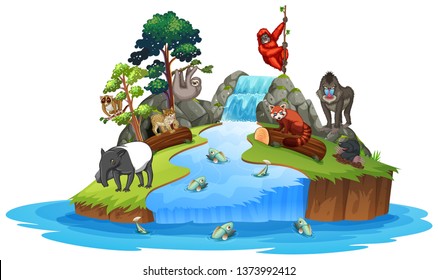 Animals on island scene illustration