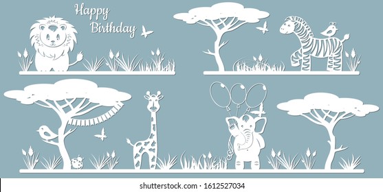 Animals on the line. Laser cut paper, template for DIY scrapbooking. Elephant, lion, Zebra, giraffe, bird, butterfly, balloons, flags. Animals, wildlife tree grass leaves From paper for plotter