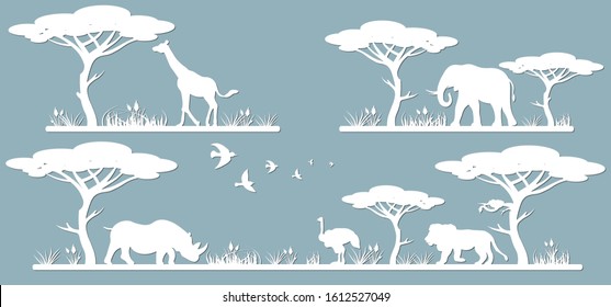 Animals on the line. Laser cut paper, template for DIY scrapbooking. Rhinoceros, giraffe, ostrich, elephant, lion. Animals, wildlife, bird, tree, grass, sunset in Africa. From paper for plotter.