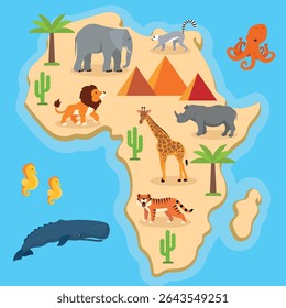 Animals on the map of Africa. Vector illustration in flat style