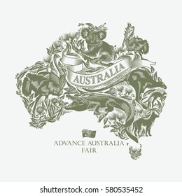 Animals on the map of Australia in green color, illustration, vector
