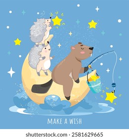 animals on the moon collect stars, wish star, shooting star, make a wish, cute hedgehogs, beaver fishing, fishing rod, toy, silence, harmony, fall asleep, restful sleep, insomnia