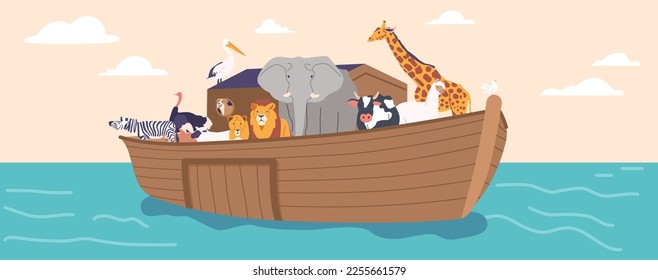 Animals on Noah Ark, God Salvation of Life on Earth Concept. Domestic and Wild Creatures on Large Wooden Ship Surrounded by Water. Famous Bible Story about Genesis Flood. Cartoon Vector Illustration