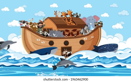 Animals on Noah's ark floating in the ocean scene illustration