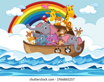 Animals on Noah's ark floating in the ocean scene illustration