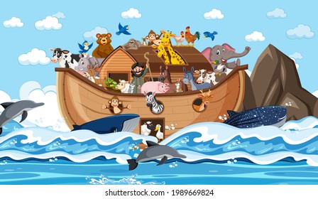 Animals on Noah's ark floating in the ocean scene illustration