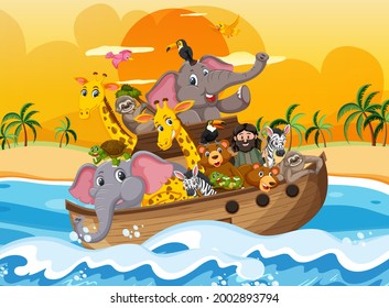 Animals on Noah's ark floating in the ocean scene illustration