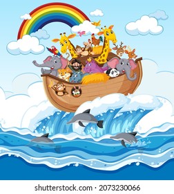 Animals on Noah's ark floating in the ocean scene illustration