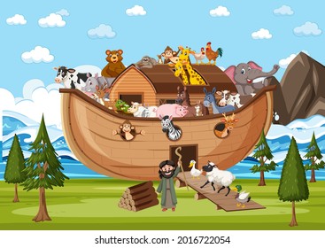 Animals on Noah's ark in the ocean scene illustration