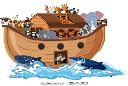 Animals on Noah's ark with sea wave isolated on white background illustration