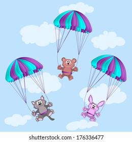 Animals on parachutes. bear, cat, rabbit, hare 