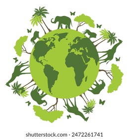 Animals on the planet earth circle shape with trees and animal vector illustration