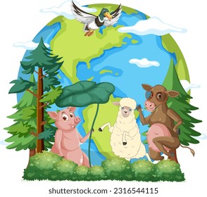 Animals on the planet earth illustration