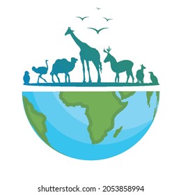 Animals on planet earth for world animal day, vector art illustration.