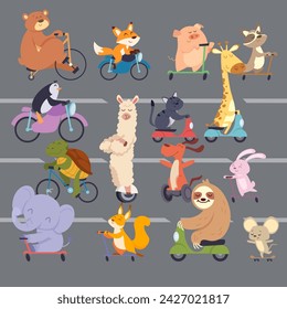 Animals on road cartoon funny animals running bicycles