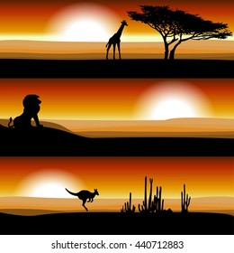 Animals on the savannah at sunset