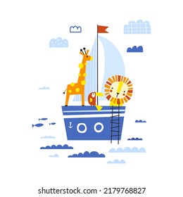 Animals on the ship. Vector illustrations