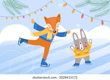 Animals on skates concept. Fox and rabbit ride on ice on New Year Eve and Christmas. Children greeting card, banner or poster. Cute wild animals. Cartoon flat vector illustration on blue background