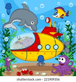 animals on submarine - vector  illustration, eps  