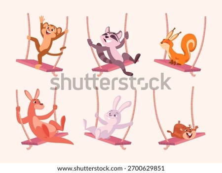 Animals on swing. Cute little baby characters riding outdoor on swings exact vector childish illustrations