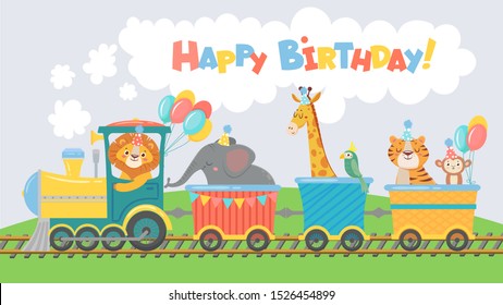 Animals on train greeting card. Happy birthday cute animal in railroad car, pets ride on toy locomotive funny poster. Elephant, lion and giraffe character travel cartoon illustration
