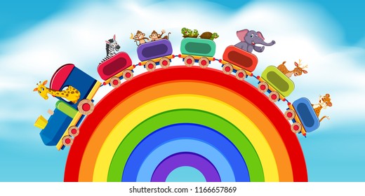 Animals on the train rainbow road illustration