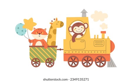 Animals On The Train Vector Illustration