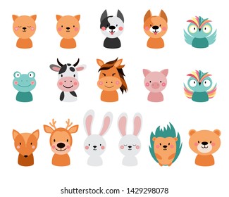 Animals on a white background. Cartoon cute  illustration. Hedgehog, rabbit, bear, bunny, frog, owl, deer,  fox, cat, dog, cow, pig, frog, hare, horse.  - Vector