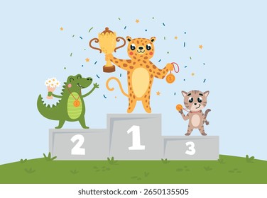 Animais no pedestal vencedor. Cerimônia de premiação para o gato crocodilo-leopardo. Engraçado animal no pódio com taça dourada e medalhas, campeões personagens do vetor de classe